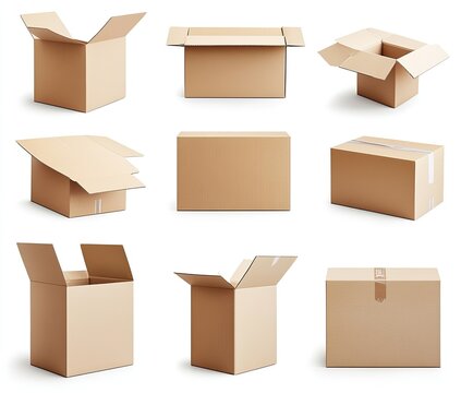 Nine cardboard boxes in various open and closed positions. (1)