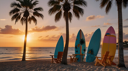 Summer Vacation Scenes – Beaches, palm trees, floaties, and sunset vibes.