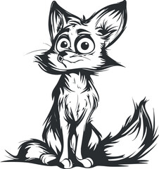 A playful cartoon fox character with big ears and a cheerful expression in black and white.