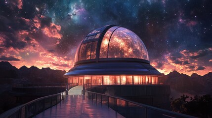 Obraz premium A futuristic observatory atop a mountain looking at the night sky
