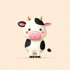 Fototapeta premium Adorable Cartoon Cow Illustration with Pink Cheeks on Beige Background