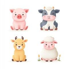 Fototapeta premium Adorable Cartoon Farm Animals Pig, Cow, Deer, and Sheep Illustration