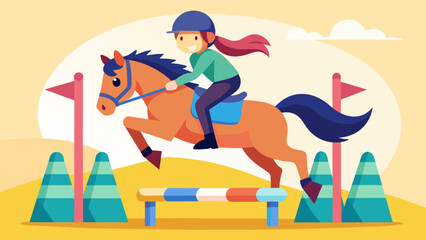 Obraz premium A young rider and her pony navigate through a colorful and creative show jumping course showcasing their playful and joyful energy.. Vector illustration