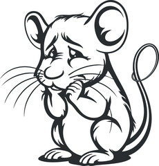 A cute cartoon mouse illustration with a playful expression and big ears in black and white.