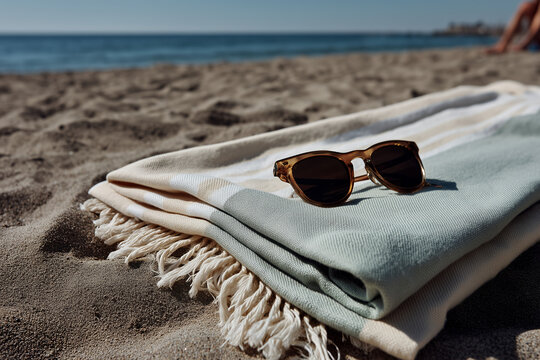 A single pair of modern sunglasses placed neatly on a folded beach towel with clean stripes, laid on light-colored sand