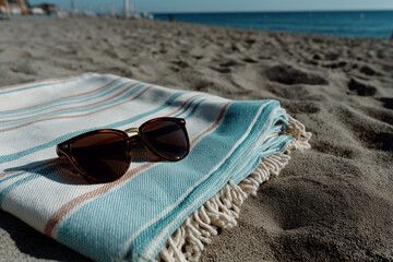 A single pair of modern sunglasses placed neatly on a folded beach towel with clean stripes, laid on light-colored sand