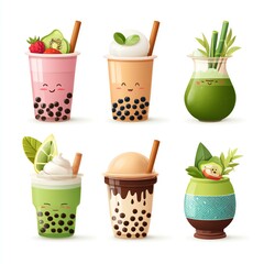 Cute Cartoon Bubble Tea Drinks Matcha, Milk Tea, and Fruit Flavors