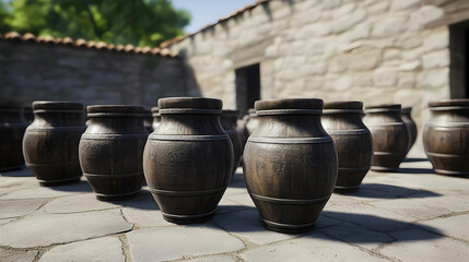 Naklejka premium Group Of Wooden Jars On Stone Patio