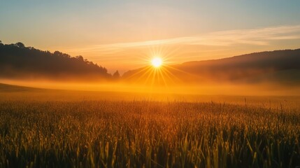 A beautiful sunrise illuminating a misty field and distant hills