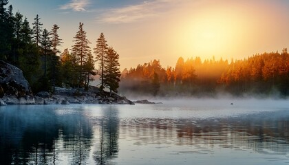 sunrise calm lake with fog rolling over the water surface and rocky shoreline misty with pine trees forest