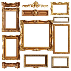 Golden Frame Ensemble: A collection of intricate, golden picture frames, each displaying ornate carvings and elegant designs, arranged for a gallery display and ready for your cherished artwork.