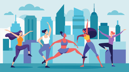 Against a backdrop of tall buildings and bustling city life teams of dancers show off their athletic skills in an exciting outdoor aerobic dance. Vector illustration