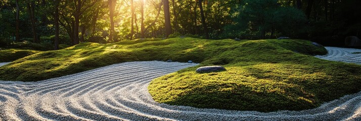 Serene Zen Garden Moss with Sand, and Sunrise.