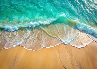Obraz premium Ocean's Embrace: Coastal serenity captured, where turquoise waves delicately caress the golden sands, creating a breathtaking panorama of natural beauty and tranquility.