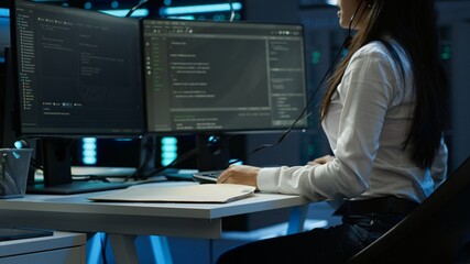 IT specialist in data center providing technical support to customers, troubleshooting issues. Server farm worker carrying out operational technical interventions requested by clients, camera A
