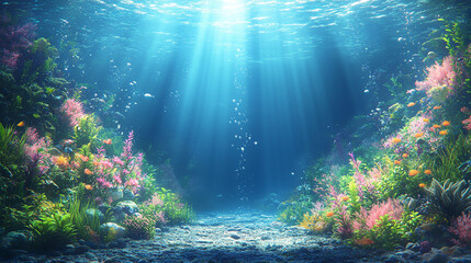 Fototapeta premium Underwater coral reef scene with sunlight beams illuminating vibrant coral and fish. Sunlight filters through water, creating a beautiful underwater landscape.