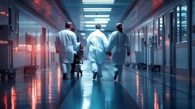 Medical staff walk through a hospital corridor during evening hours, moving toward patient care areas with purpose