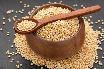 Raw white quinoa seeds in a spoon and bowl - Chenopodium quinoa