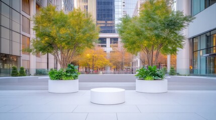 Fototapeta premium Urban Planters with Trees Modern Minimalist Style High-Resolution Daylight Symmetrical Wide Shot Concrete Textures Peaceful Cityscape Serene Corporate Design extra details included