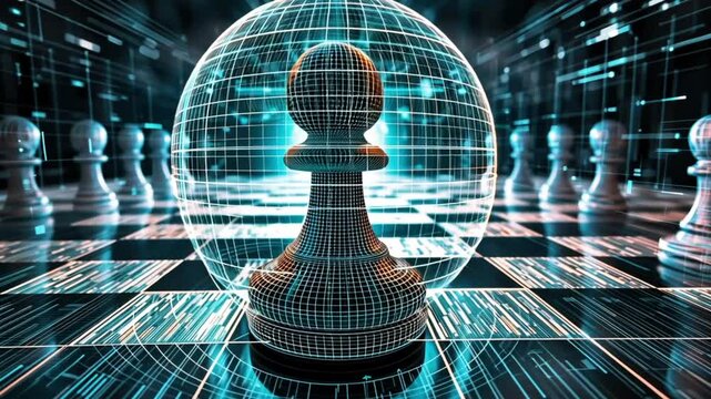Pion catur digital berdiri dalam fokus dalam bola bercahaya yang dikelilingi oleh pieces