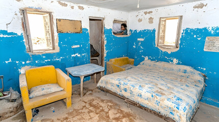 Child peeking from dilapidated desert room; worn furniture, peeling paint, travel, poverty