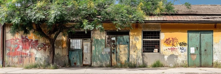 Urban Decay Graffitied Building Under Lush Tree.