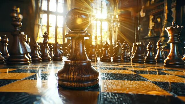 Close-up dramatis pion kayu di papan catur yang diterangi oleh sinar matahari dalam hiasan room