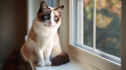 Snowshoe cat sitting window ledge white socks on paws blue almond eyes gazing outside natural morning light with soft shadows