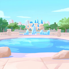 Fairytale castle park fountain summer day illustration, ideal for children's book backgrounds