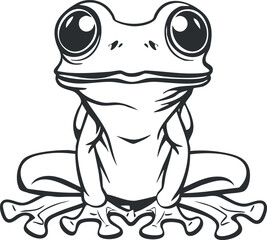 A playful cartoon illustration of a cute frog sitting with large expressive eyes.