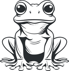 A playful cartoon illustration of a frog sitting with a cheerful expression.