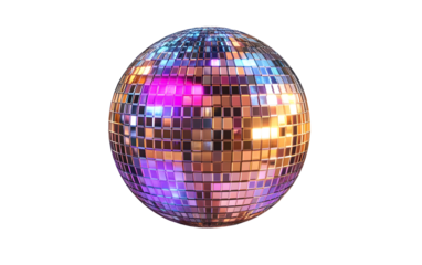 Colorful disco ball rotating and reflecting light on transparent background
