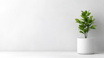 Minimalist plant in white pot on white wall