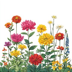 colorful flower garden scene floral pattern on white background