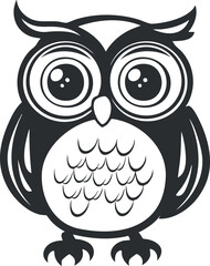 A cute black and white owl illustration with big eyes and whimsical features.