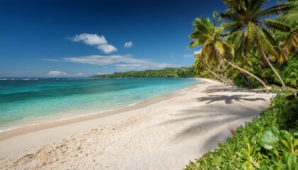 Fototapeta premium serene tropical beach with sandy shores lush greenery and swaying palms