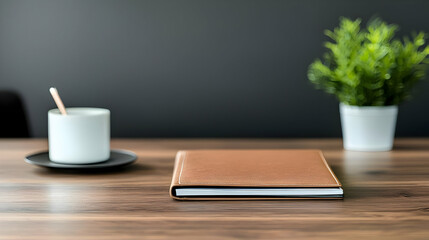 Fototapeta premium Simple Wooden Desk With Brown Book, White Coffee Cup And Green Plant