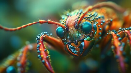 Vibrant Jewel Ant Macro Photography Stunning Detailed Closeup of a Colorful Insect with Iridescent Teal and Orange Body Parts Nature Wildlife Photography bug red blue fauna vivid image green animal   