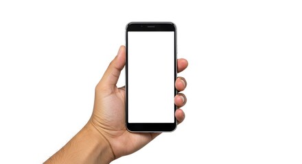 Hand Holding Smartphone: A modern smartphone with a clean white screen is held in a hand, offering a versatile template for digital content and user interface design.