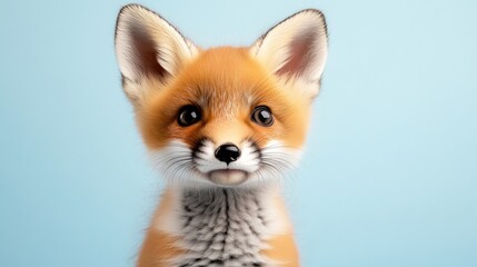 Adorable baby fox against a light blue background.  Close-up view of a tiny fox, showcasing its soft fur, large eyes, and pointy ears