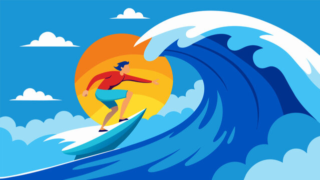 A surfer battles their way through a towering wall of water determined to conquer the wave and come out on top.. Vector illustration