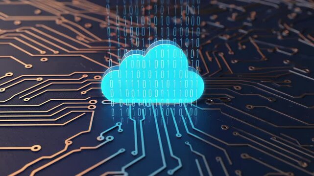 Digital cloud computing with binary data stream hovering above a circuit board pattern for data storage, backup and security technology.
