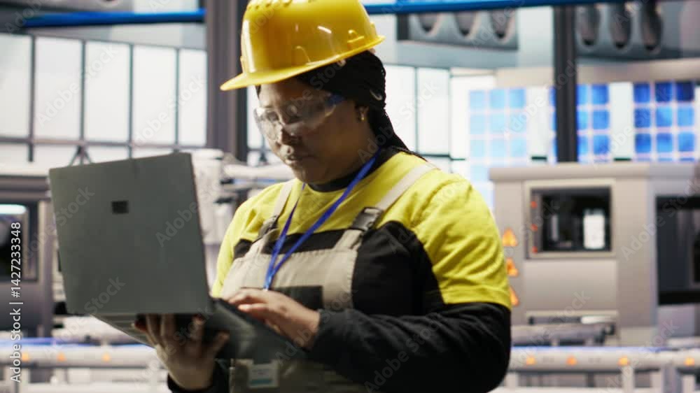 Poster industrial plant engineer using laptop to implement automated workflows and control systems, compute