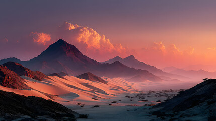 Desert Peaks: Ethereal Sunrise Hues, Layered Mountains, and Misty Valley.