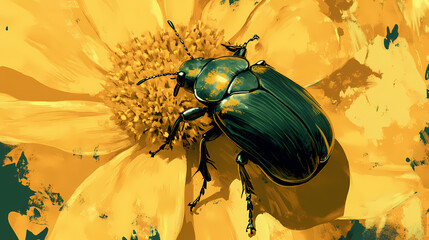 Vibrant green beetle on a yellow flower. Bloom Glitch. Illustration