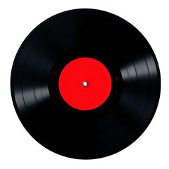 Classic vinyl record with black grooves and a bright red center label, isolated on a transparent background &mdash; ideal for music, retro, or entertainment-themed designs