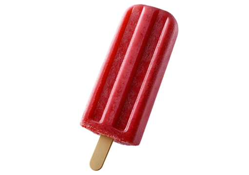 Red popsicle ice cream with a refreshing fruity flavor and a wooden stick isolated on a transparent background