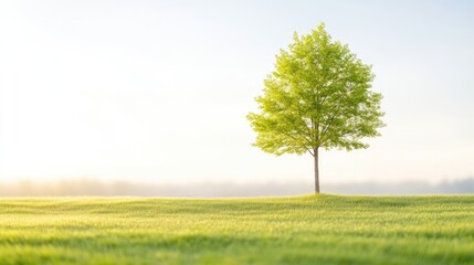 Fototapeta premium A solitary green tree standing in a vast open field, vibrant green grass under clear blue sky, and peaceful nature scene with soft sunlight.