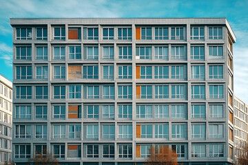 Obraz premium Facade of a Grey Multi-storey Panel building in Russia, Soviet architecture houses