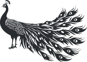 Fototapeta premium Stylized black silhouette of a peacock displaying its ornate feathered tail.